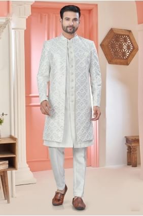 Embroidered Art silk Men Kurta in White KURR431