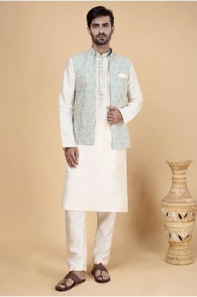Cream Men Kurta in Banarasi silk with Embroidered KURR227