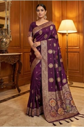 Banarasi silk Embroidered Purple Saree with Blouse SR29674