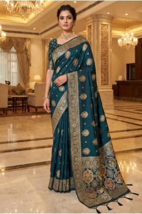 Teal Saree with Embroidered Banarasi silk SR29675