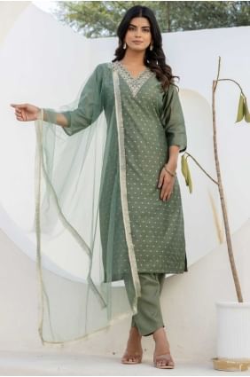 Chanderi silk Embroidered Mahendi Salwar Kameez SK155706