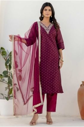 Embroidered Chanderi silk Salwar Kameez in Purple SK155708