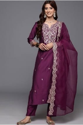 Eid Salwar Kameez in Wine Chanderi silk with Embroidered SK155914