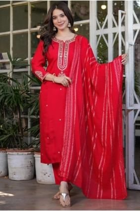 Embroidered Chanderi Straight Pant Suit in Red with Dupatta SK155243