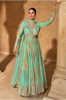 Embroidered Chiffon Anarkali Suit in Sea green  with Dupatta AS4049