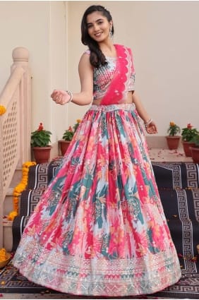 Embroidered Chiffon Lehenga Choli in Pink with Dupatta LC8823