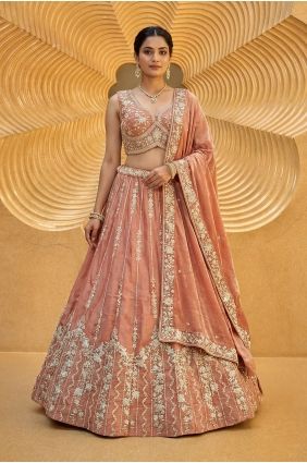Embroidered Chiffon Lehenga Choli in Peach with Dupatta LC9167