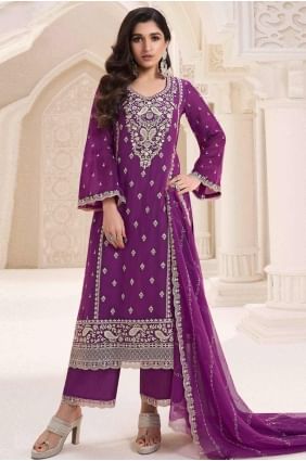 Embroidered Chiffon Purple Straight Pant Suit with Dupatta SK155315