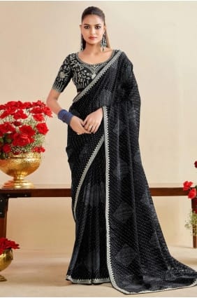 Chiffon Embroidered Black Saree with Blouse SR29350