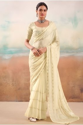 Cream Saree in Embroidered Chiffon SR30308