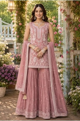 Embroidered Chiffon Pink Sharara Suit with Dupatta SS1394