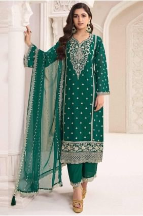 Embroidered Chiffon Straight Pant Suit in Green with Dupatta SK155314
