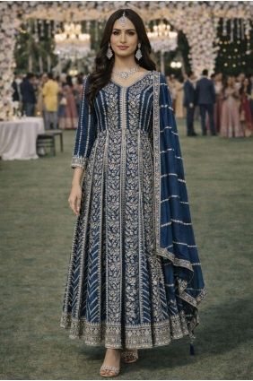 Embroidered Chinon chiffon Anarkali Suit in Teal AS4268