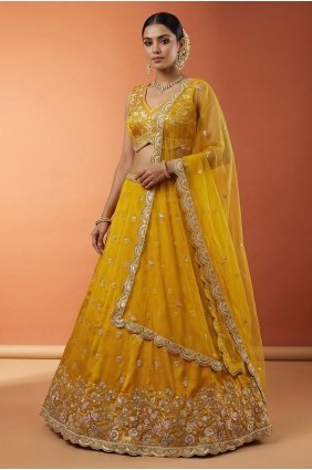 Embroidered Chinon chiffon Mustard Lehenga Choli with Dupatta LC9228