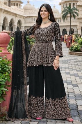Chinon chiffon Black Palazzo Suit in Embroidered PZ4410