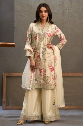 Off white Embroidered Chinon chiffon Palazzo Suit PZ4544