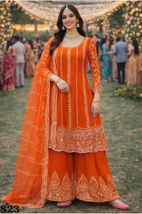 Chinon chiffon Orange Palazzo Suit in Embroidered PZ4403