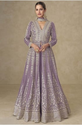 Purple Chinon chiffon Embroidered Anarkali Suit with Dupatta AS4248