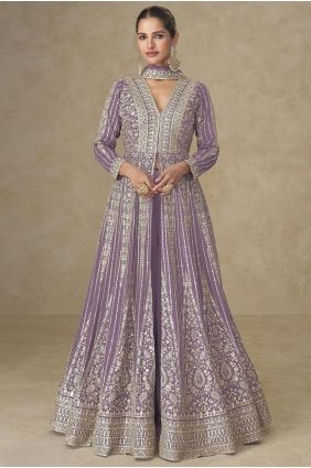 Purple Embroidered Anarkali Suit in Chinon chiffon AS4294