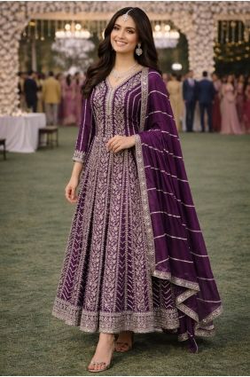 Wine Embroidered Anarkali Suit in Chinon chiffon AS4267