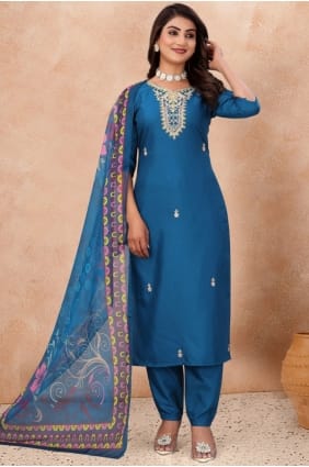 Cotton blend Salwar Kameez with Embroidered in Blue SK155923