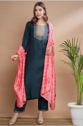 Teal blue Embroidered Salwar Kameez in Cotton blend SK15748