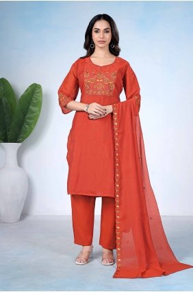 Straight Pant Suit in Rust Cotton with Embroidered SK159194