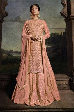 Embroidered Eid Palazzo Suit in Peach Net PZ4103