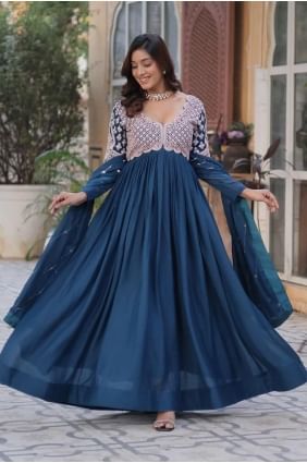 Embroidered Faux georgette Gown Dress in Teal blue  GW1105