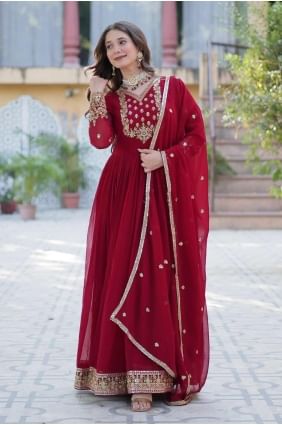 Embroidered Faux georgette Maroon Gown Dress with Dupatta GW1101
