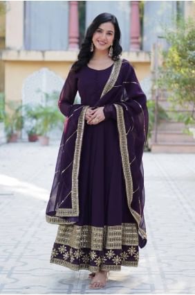 Embroidered Faux georgette Purple Eid Anarkali Suit with Dupatta AS4031