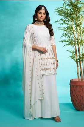 Embroidered Faux georgette Sharara Suit in Off white  with Dupatta SS1232