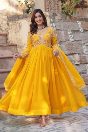 Embroidered Faux georgette Yellow Gown Dress with Dupatta GW1100