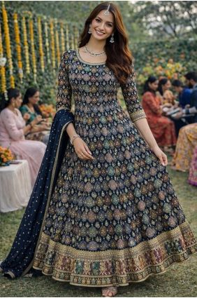 Blue Georgette Anarkali Suit with Embroidered AS4287