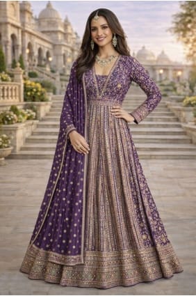 Purple Georgette Embroidered Gown Dress with Dupatta GW1235