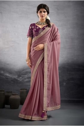 Embroidered Saree in Onion Georgette SR29214