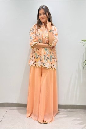 Georgette Palazzo Suit with Embroidered in Peach PZ4538