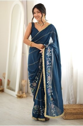 Georgette Embroidered Petrol Saree with Blouse SR30255