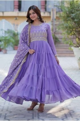 Embroidered Georgette Purple Gown Dress with Dupatta GW1055