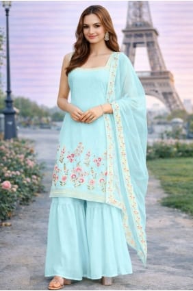 Sky blue Embroidered Sharara Suit in Georgette SS1312