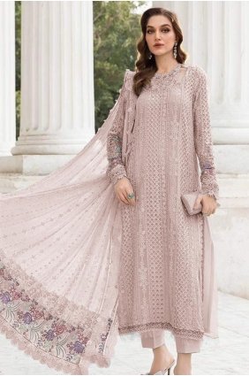 Embroidered Georgette Straight Pant Suit in Light peach with Dupatta SK159242
