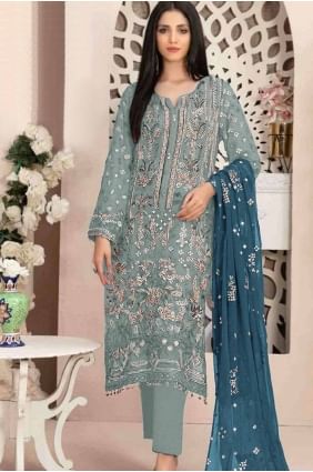 Embroidered Georgette Straight Pant Suit in Sky blue  with Dupatta SK155112