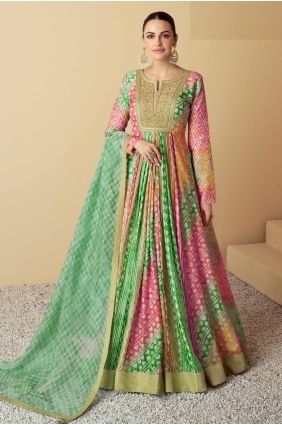 Embroidered Gown Dress in Green and multi  Muslin GW1087