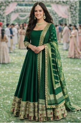 Silk Embroidered Green Gown Dress with Dupatta GW1222
