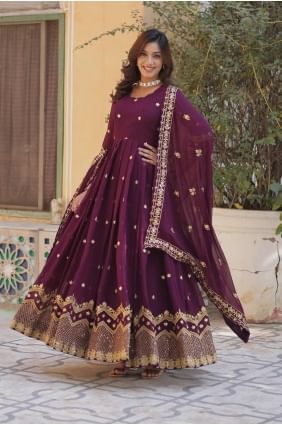 Embroidered Gown Dress in Wine  Faux georgette GW1094