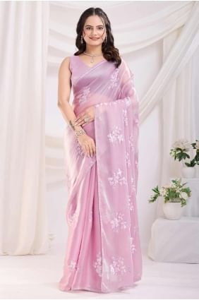Embroidered Jam satin Pink Saree with Blouse SR28172