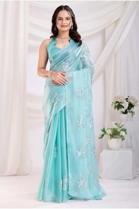 Embroidered Jam satin Sea green  Saree with Blouse SR28175