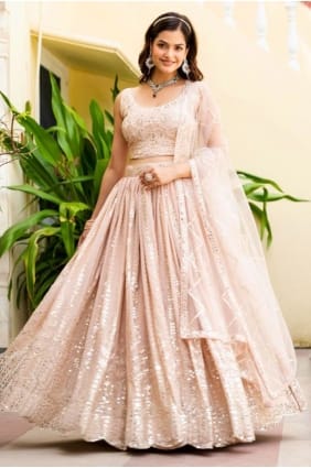 Embroidered Faux georgette Peach Lehenga Choli with Dupatta LC8833