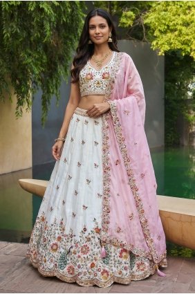 White Lehenga Choli in Organza with Embroidered LC9224