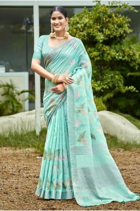 Embroidered Saree in Aqua blue Linen SR29396